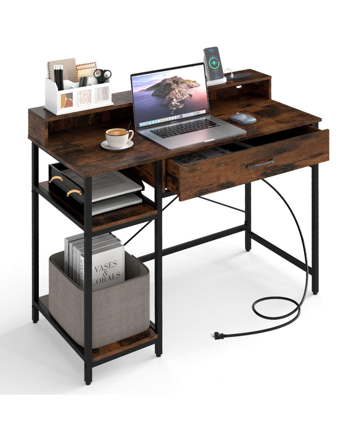 Skonyon 48 Inch Computer Desk with Monitor Stand Drawer and Shelves-Rustic Brown - Brown