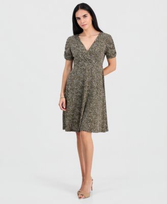 Petite Ruched-Sleeve Crossover-Neck Dress