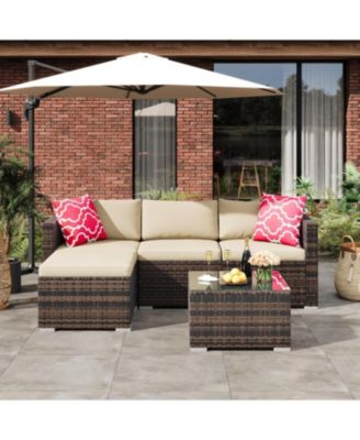 5-Piece All-Weather Wicker Patio Sectional Sofa Set with Ottoman and Glass Table