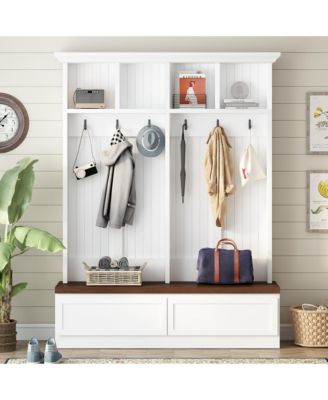 Farmhouse Hall Tree, Multi-Purpose Coat Rack with Wood Grain Bench, 6 Hanging Hooks and 2 Storage Drawers for Hallway and Entryway