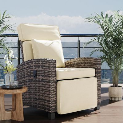 Outdoor Patio Recliner Chair with Side Table, Wicker and Cushion