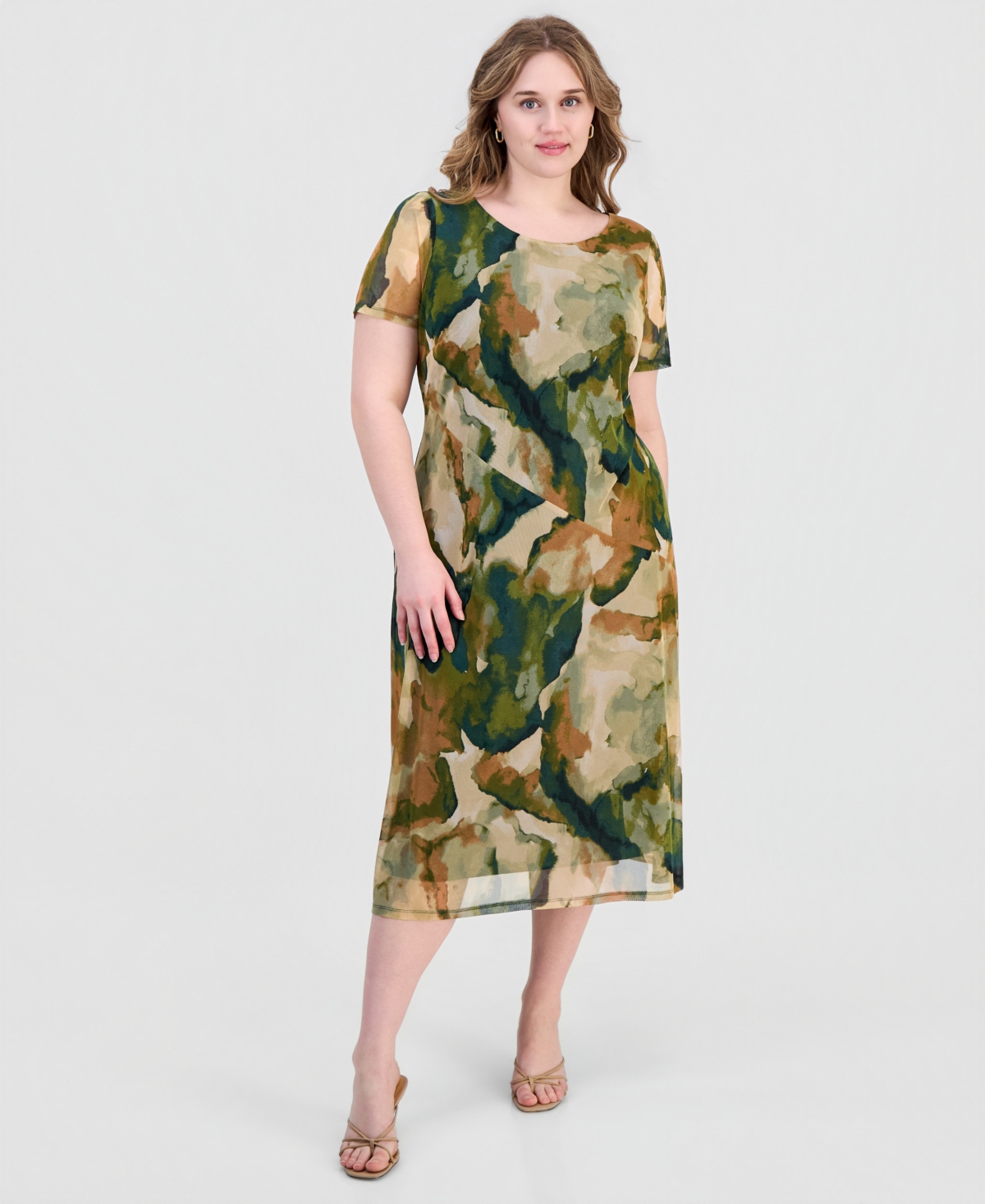 Connected Plus Size Printed Mesh Midi Dress In Green