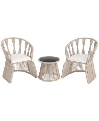 3-Piece Rope-Woven Patio Leisure Chair Set with Cushions and Glass Side Table