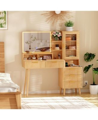 Modern Makeup Vanity Desk Set with Adjustable Mirror, Bench and Charging Station