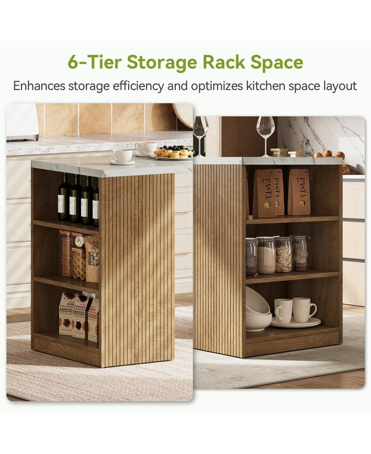 Tribesigns 50" Kitchen Island with Storage, 6-Tier Modern Kitchen Island Table with a Faux Marble Tabletop, Large Coffee Bar Table Storage Cabinet