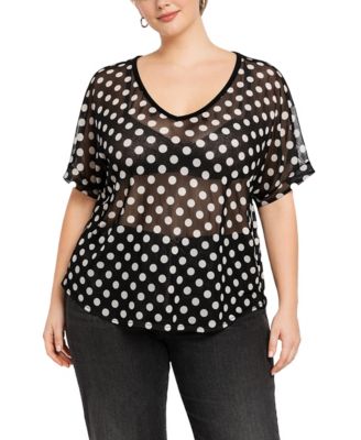 Plus Size Polka Dot Mesh Rolled-Sleeve Top