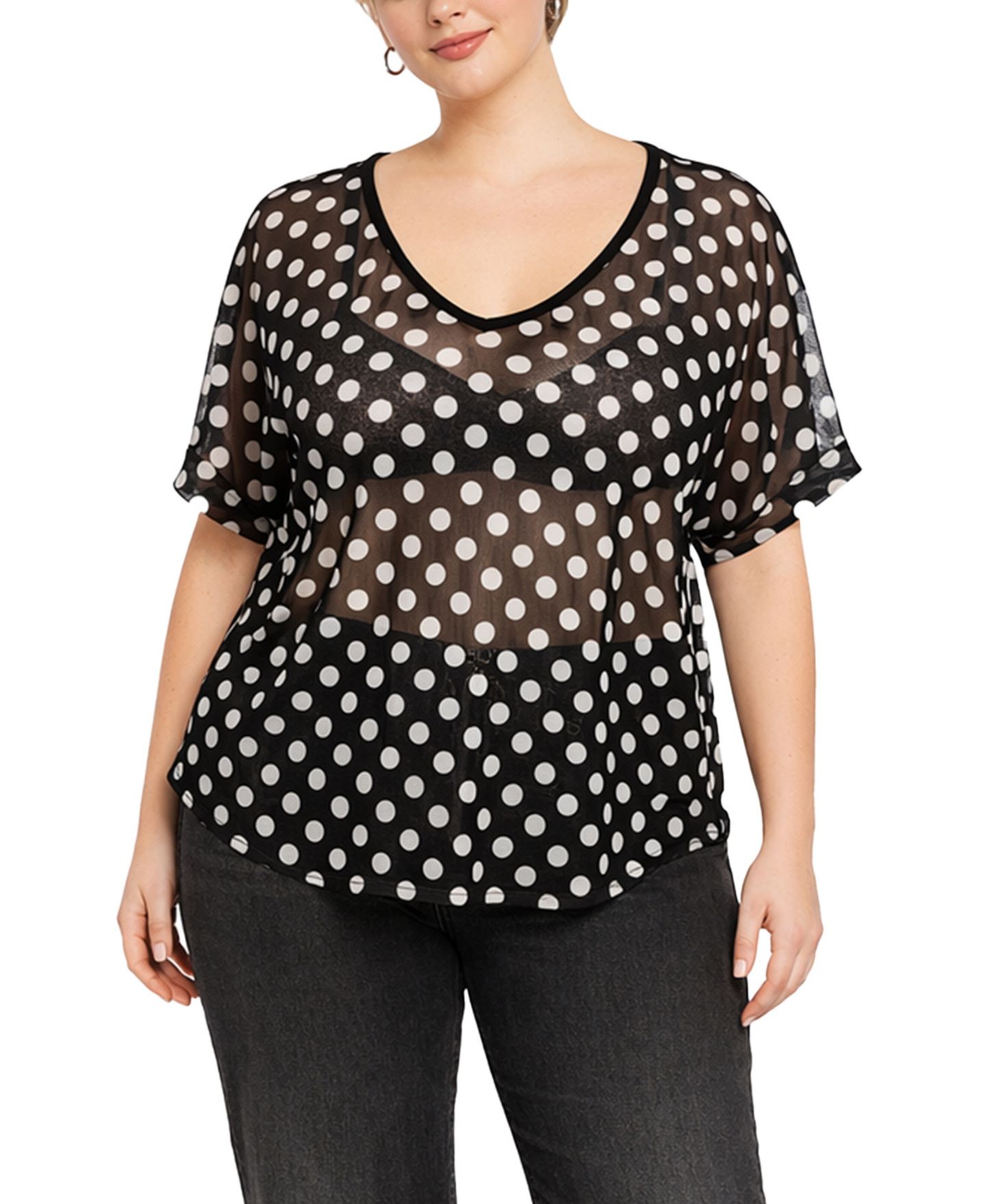 Женский топ COIN 1804 Plus Size Polka Dot Mesh Rolled-Sleeve, цвет: Чёрный / Слоновая кость — фото 1