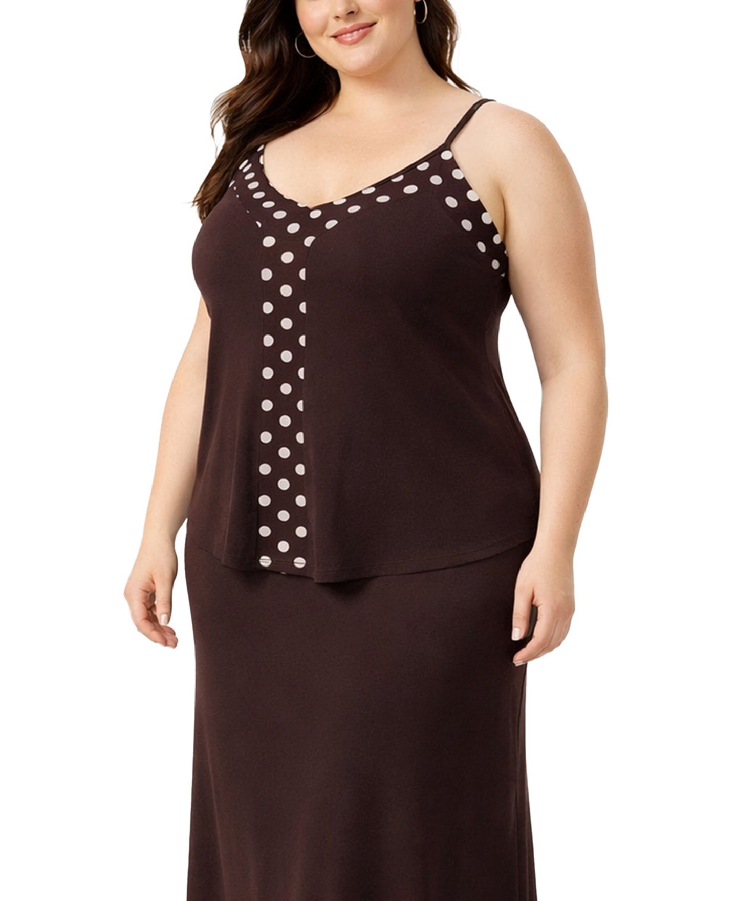 Женский топ COIN 1804 Plus Size Polka Dot Mesh Panel Cami Top, цвет: Коричневый / Слоновая кость — фото 3