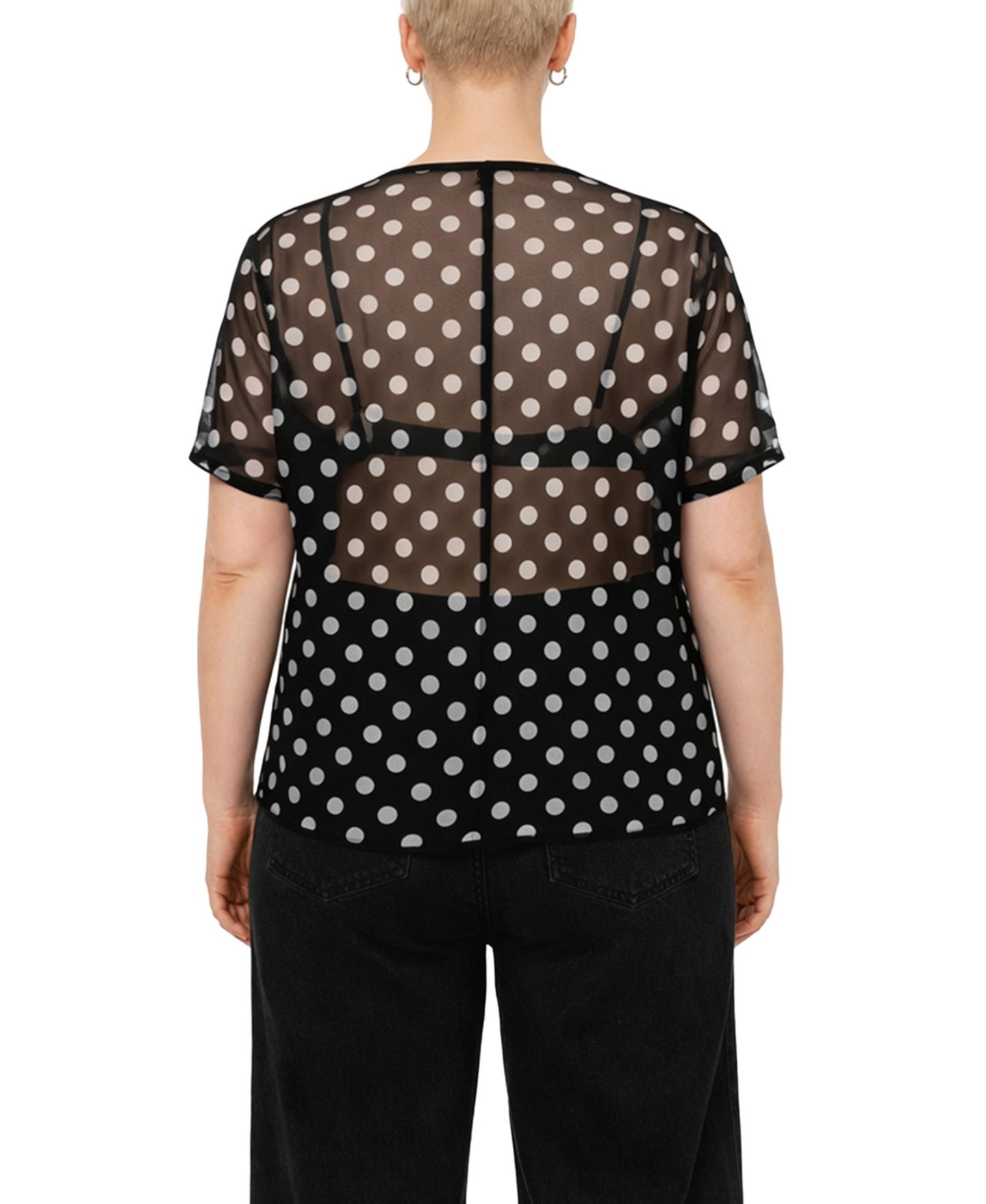 Женский топ COIN 1804 Plus Size Polka Dot Mesh Rolled-Sleeve, цвет: Чёрный / Слоновая кость — фото 5