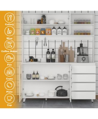 Large Kitchen Hutch Cabinet, Storage Cupboard Pantry with 4 Glass Doors, 4 Drawers and Microwave Shelf, Buffet,Sideboard