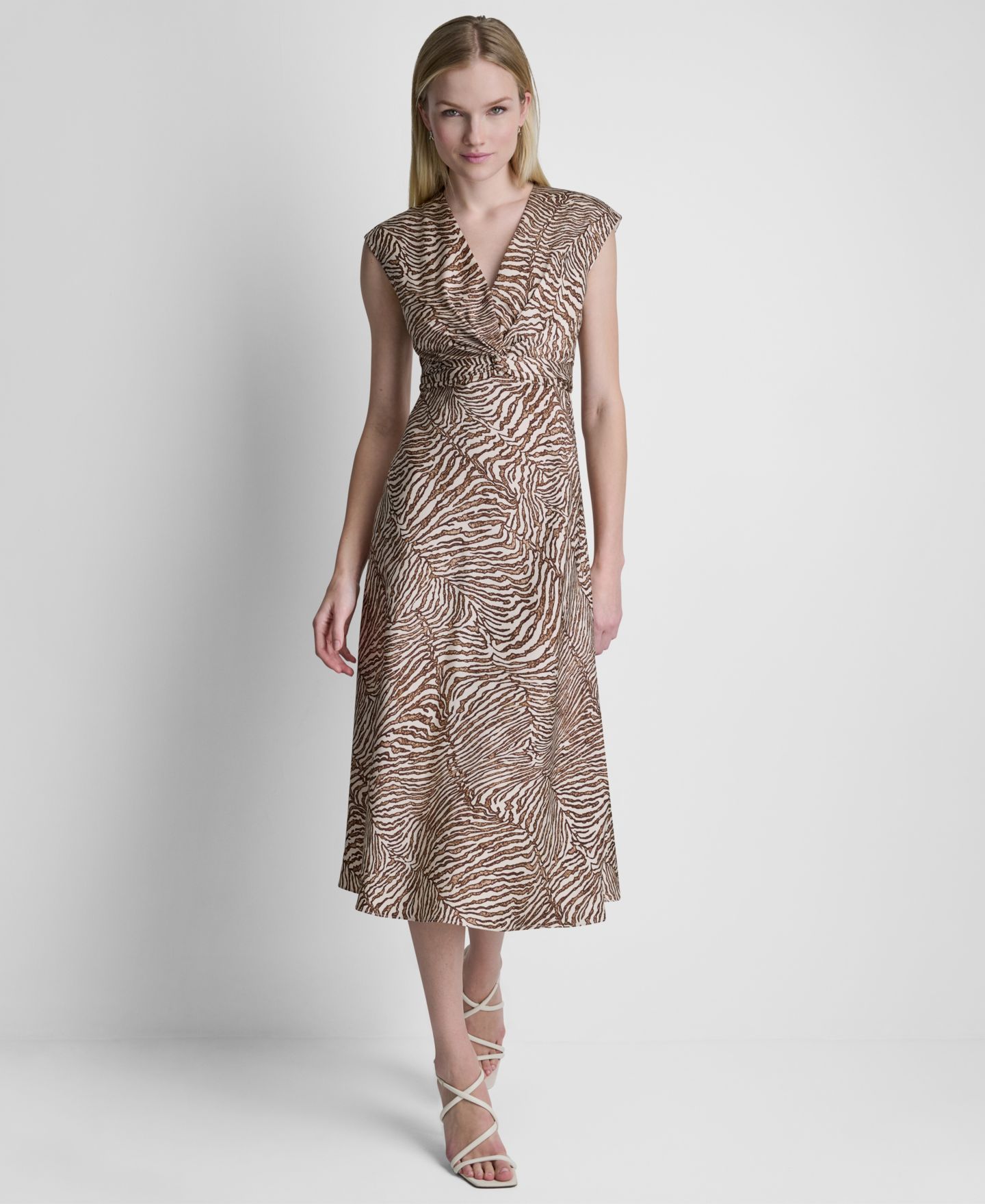 Женское платье DKNY V-Neck Knot Front Midi, цвет: Алебастровый / Трюфельный — фото 1