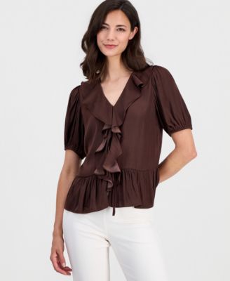 Women's V-Neck Ruffle-Front Short-Sleeve Blouse 