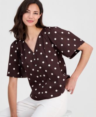 T Tahari Women's Printed V-Neck Pleat-Shoulder Blouse - Macy's