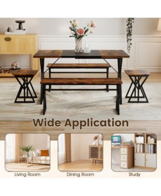 5-Piece Industrial Dining Room Set Rectangular Kitchen Table with 2 Benches and 2 Stools