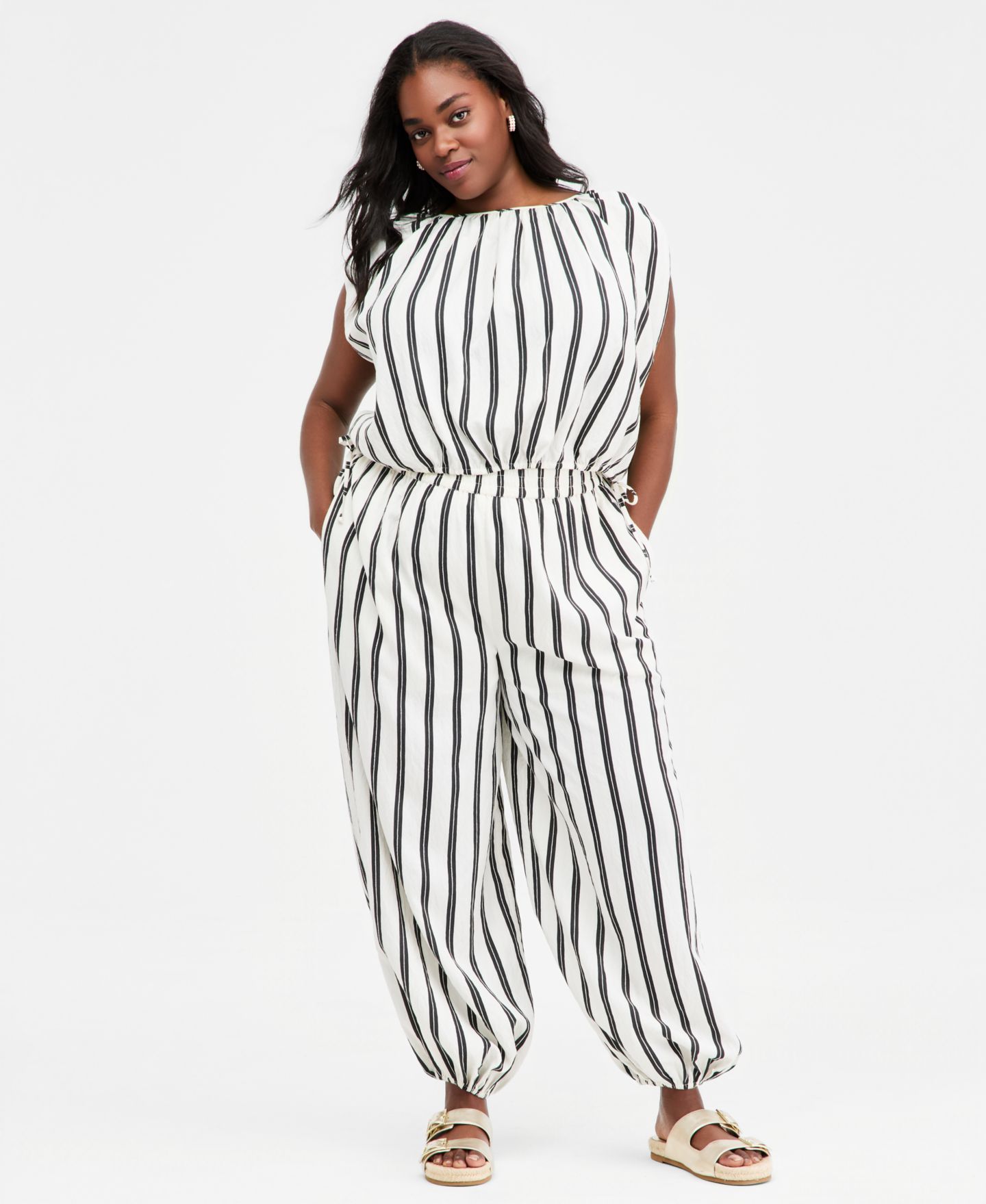 Женские брюки On 34th Trendy Plus Size Emma Striped Balloon-Leg, цвет: Чёрный — фото 1