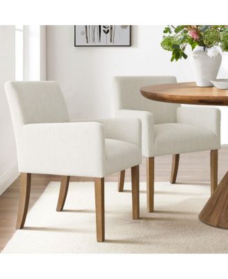 Set of 2 Linen Upholstered Dining Arm Chairs, Solid Wood Legs