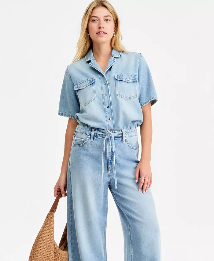 Women's Soft Denim Button-Front Short-Sleeve Shirt - thumbnail 3