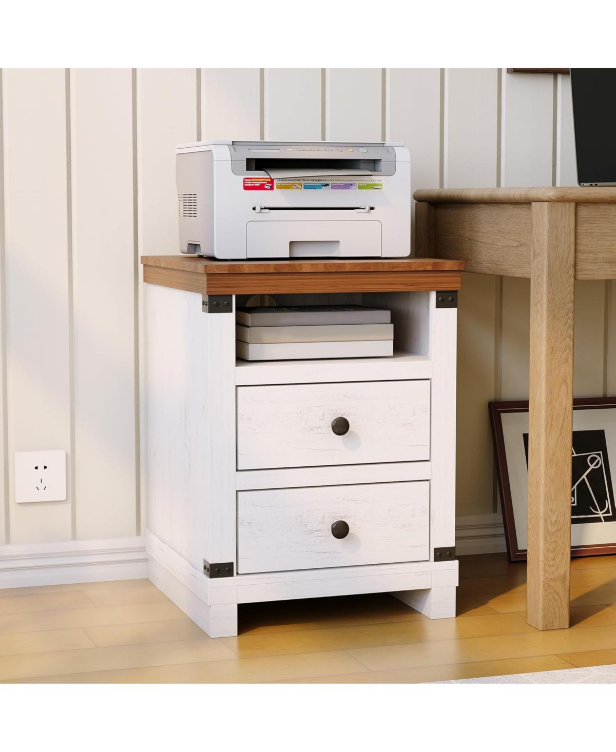 gaomon Farmhouse White Nightstand with Charging Station, 2 Drawers, Usb Ports & Power Outlets