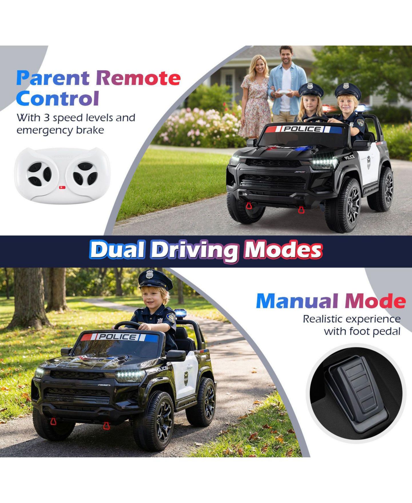 Детская игрушка Slickblue 24V Police 2-Seater 4WD Ride-On Car, Ages 3-8, цвет: Чёрный — фото 6