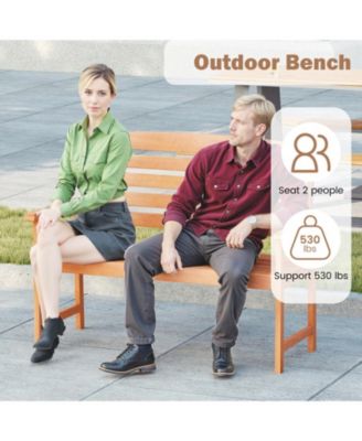 2-Person Wooden Outdoor Bench with Slatted Backrest and Armrests