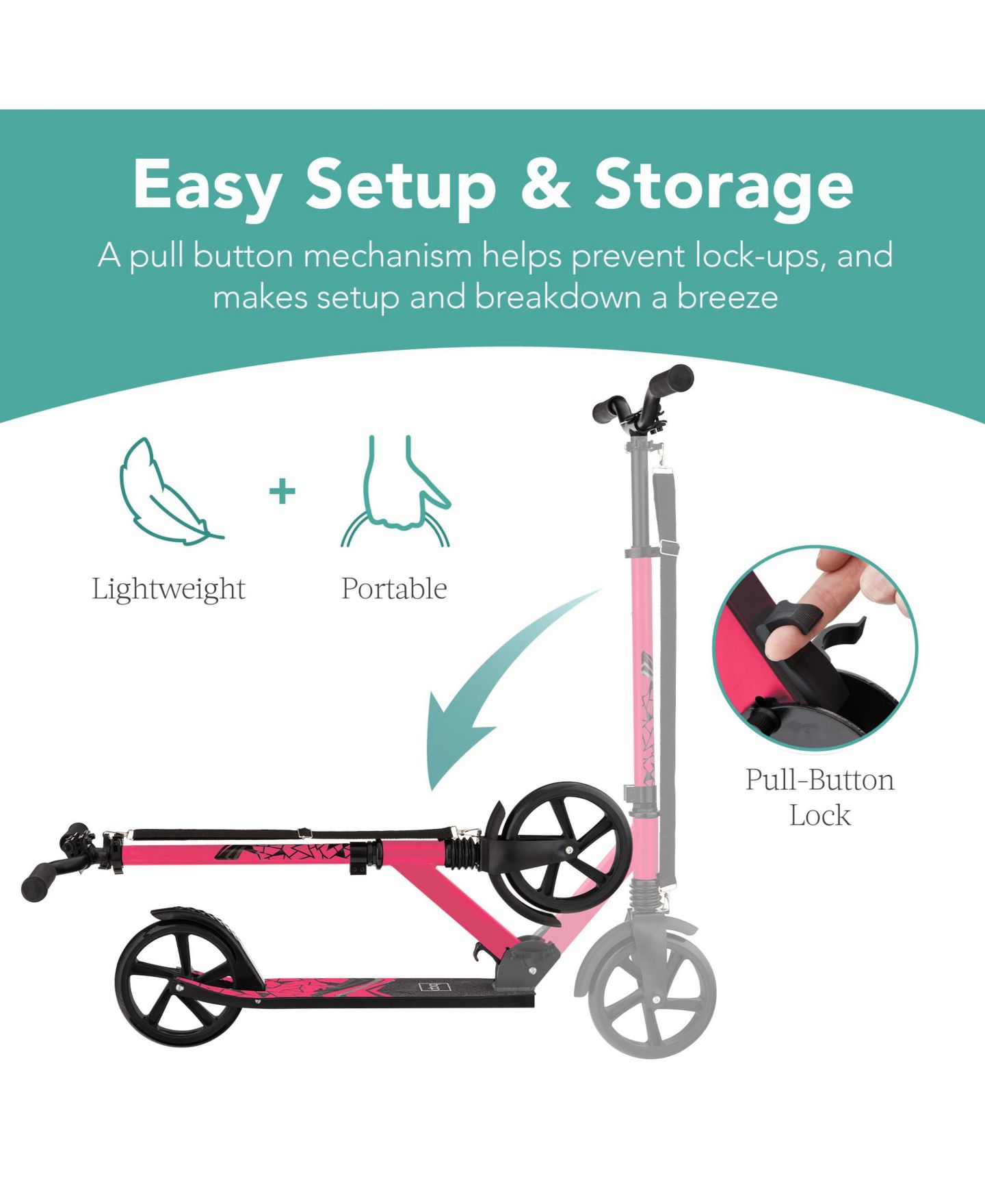 Детская игрушка Best Choice Products Height Adjustable Folding Kick Scooter with Kickstand, 220 lbs. Capacity, Ages 8+, цвет: Розовый — фото 6