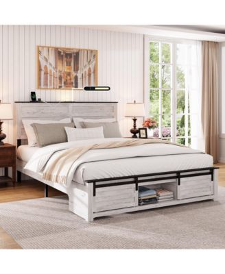 Bed Frame with Upholstered Headboard and Wood Platform
