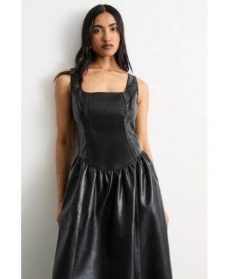 Warehouse Women's Faux Leather Whipstitch Trim Midi Dress in Black | Size: 2