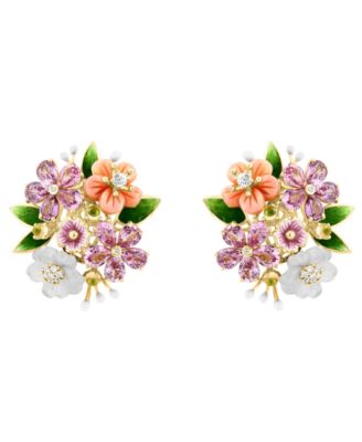 Pink Mother of Pearl (1-2/5 ct. t.w.), Multi Gemstone (6.07 ct. t.w.) & Diamond (1/14 ct. t.w.) Flower Stud Earrings in 14k Yellow Gold