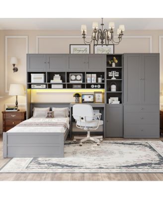 Wooden Twin Platform Bed with Desk, Wardrobe, Cabinets, Drawers, Shelves