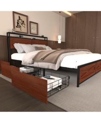 Full Bed Frame with 6 Storage Drawers, Storage Headboard with Charging Statio Bed Frame