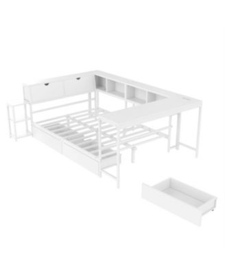Corner Bed Frame Full Size with Bookcase and 2 Underbed Storage Drawers
