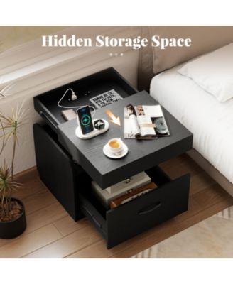 2-Piece Nightstand with Charging Station Drawer Sliding Top Storage Tray Open Shelves