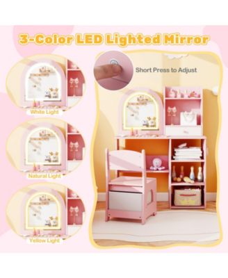 Kids Makeup Vanity Desk and Chair Set with 3-Color LED Mirror