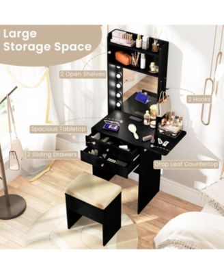 Compact Vanity Desk Set with 3-Color Lighted Mirror, Power Outlets and Stool