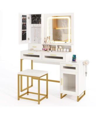 44 in Makeup Vanity Desk and Stool Set with Lighted Mirror and Charging Station