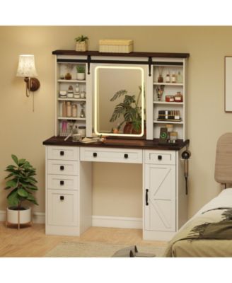 Farmhouse Vanity Desk with Barn-Style Sliding Mirror and 3 Lighting Modes