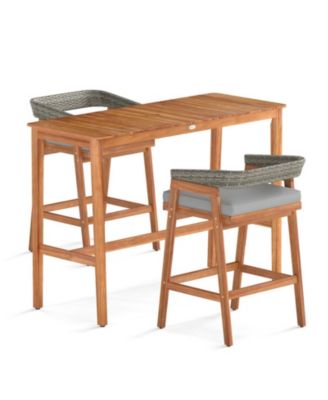54 x 22 in Acacia Wood Counter Height Patio Bar Set with PE Rattan Barstools and Cushions