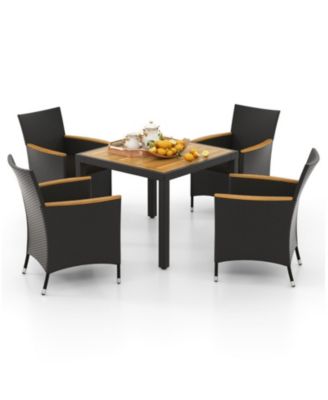 5-Piece Patio Dining Set with Acacia Wood Table, Rattan Chairs, Cushions and Umbrella Hole