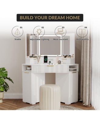 Corner Vanity, Corner Vanity Desk with Mirror and Lights, Fluted Makeup Table with Charging Station, Drawers, Storage Cabinets