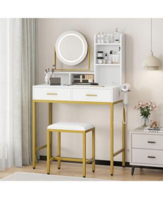Vanity Desk with Rotating Mirror, 3-Color Light, Power Outlet and USB, Storage Shelves, 2 Drawers and Stool for Bedroom
