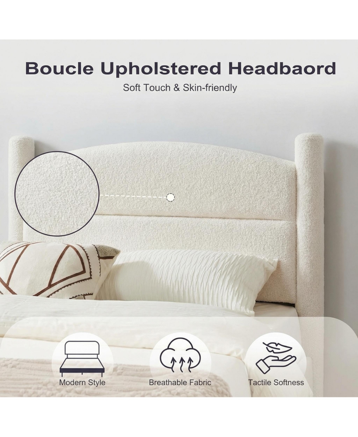 Homfan Boucle Bed Frame, Upholstered Platform Cloud Bed with Soft Round Headboard, Heavy Duty and Noise Free, No Box Spring Needed