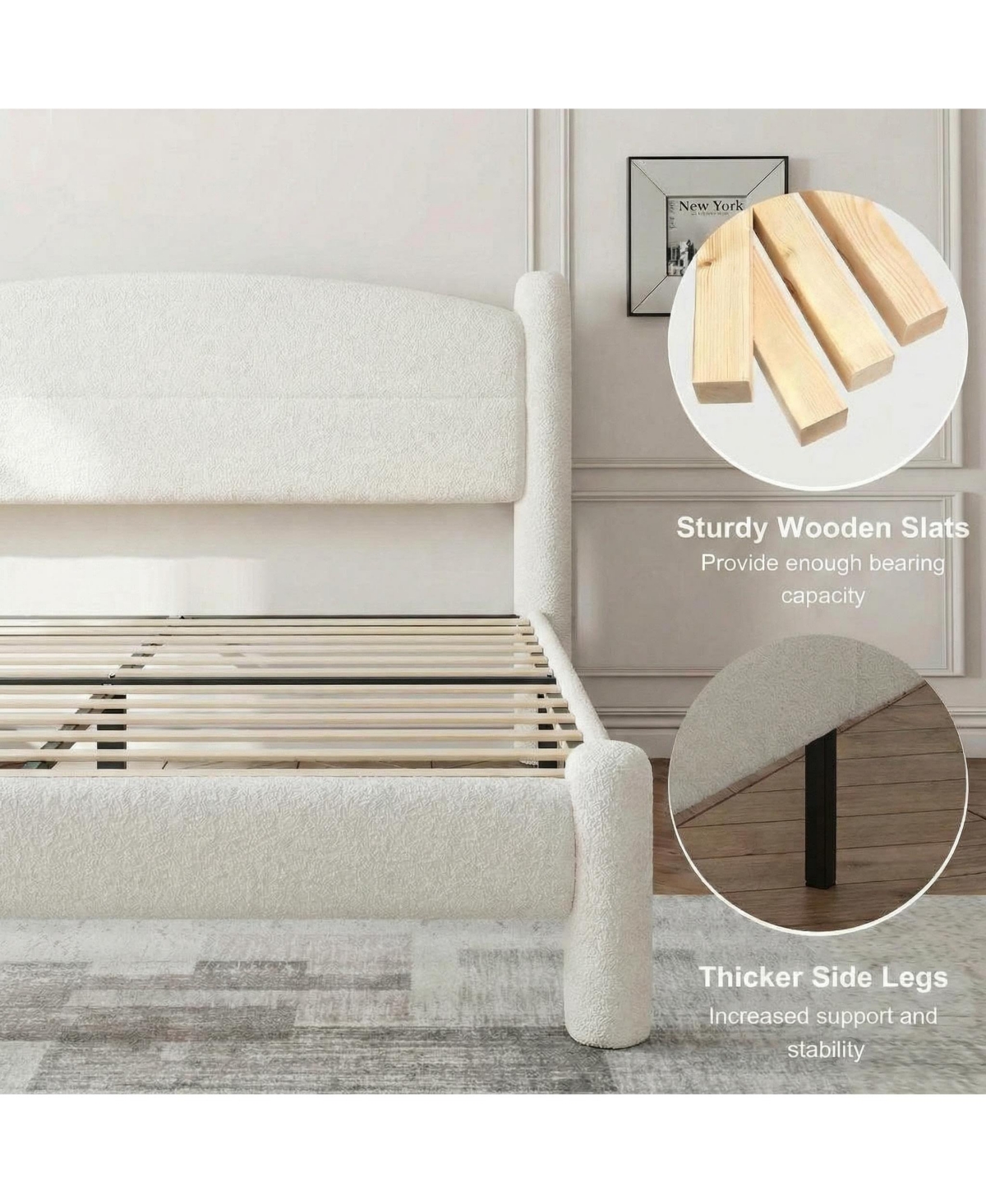 Homfan Boucle Bed Frame, Upholstered Platform Cloud Bed with Soft Round Headboard, Heavy Duty and Noise Free, No Box Spring Needed