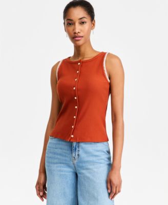 Women's Sleeveless Rib-Knit Whipstitch Button Front Top