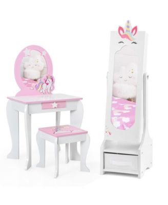 Kids Princess Vanity Table and Stool Set with Jewelry Cabinet