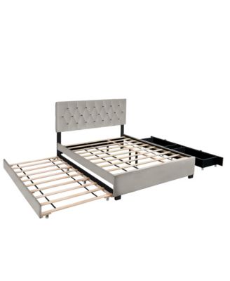 Queen Size Trundle Pull Out Drawers Storage Upholstered Bed Modern Design No Box Spring