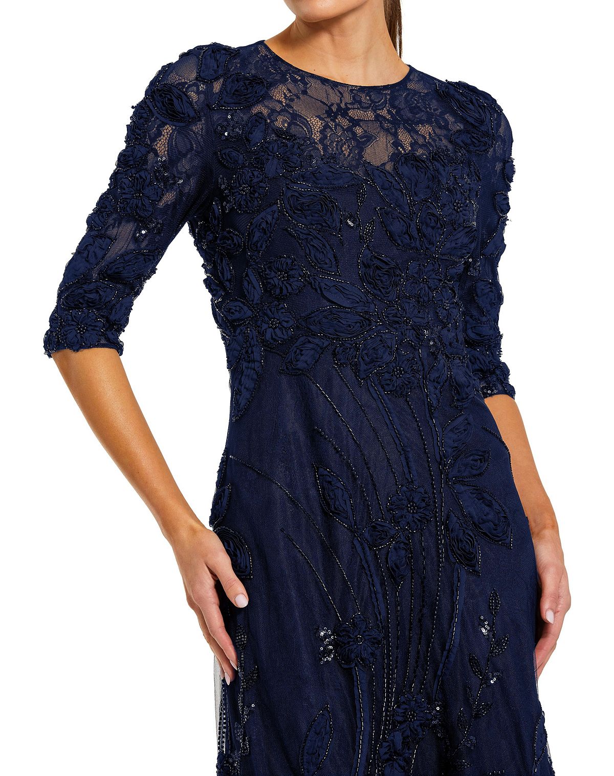 Mac Duggal Petite High Neck Embellished Lace Gown with 3/4 Sleeves view 3 — MAYCSS fashion products