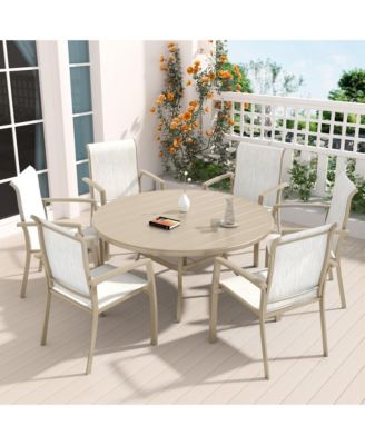 7-Piece Sandstone Outdoor Dining Set with 6 Ergonomic Textilene Chairs & Round Table with Umbrella Hole