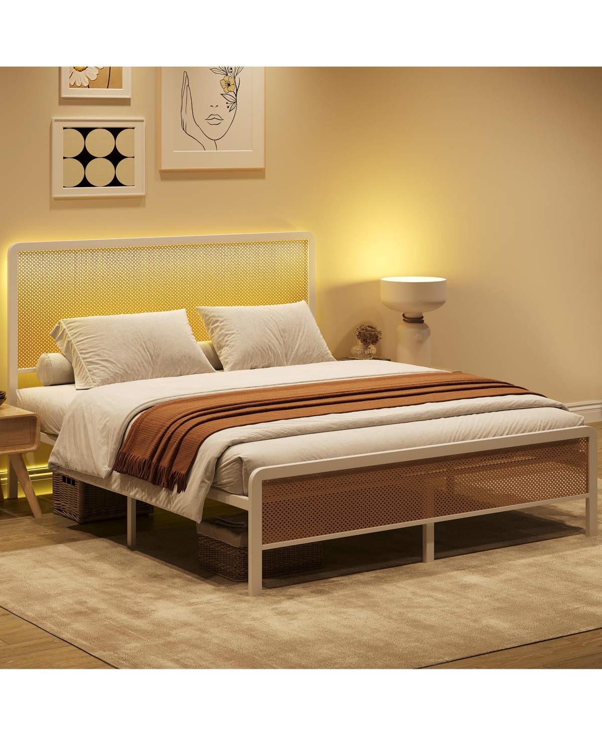 Homfan Bed Frame with Led Lights and Rattan Headboard, Modern Platform Bed