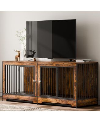 74" Dog House Kennel Table, Double Door Indoor Crate with Divider and Removable Trays