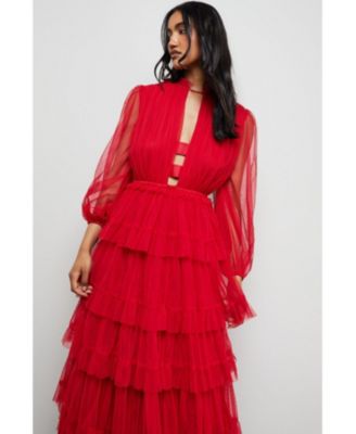 Women's Ruffle Neck Tulle Maxi Dress
